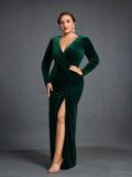 Plus Elegant V Neck Long Sleeve Velvet Slit Dress