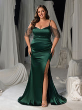 Plus Luxury Off-Shoulder Satin Evening Gown - Beaded Fringe Mermaid Dress with Thigh Slit