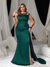 Plus Evening Gown with Lace Accents & High Slit – Silk Satin Bodycon Dress for Luxury Evenings, 1XL-3XL