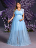 Plus Maternity Plunging Neck Sleeveless Tulle Overlay Party Dress