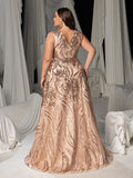 Plus Floral Sequin V Neck Sleeveless A-Line Formal Dress