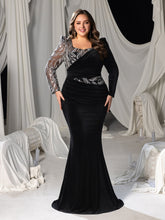 Plus Velvet Mermaid Gown with Sweetheart Neckline, Long Sleeves and Sequins Embroidery
