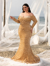 Plus Elegant Off Shoulder Lone Sleeves Mermaid Hem Sequin Evening Dress