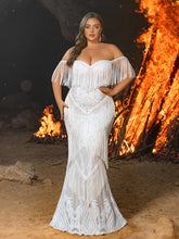 Plus Off-Shoulder Fringe Embellished Gown | Corset Mermaid Dress with Sheer Panel Detailing