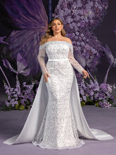Plus Gorgeous Off Shoulder Sheer Sleeves Mermaid Hem Sequin Wedding Dress with Satin Train