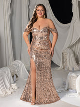 Plus Off Shoulder Mermaid Hem Sequin Evening Dress with Side Slit