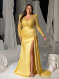 Plus Sequin Long Sleeve V-Neck Formal Dress, Satin Mermaid Train Evening Gown