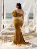 Plus Elegant Asymmetrical Neck Contrast Sequin Mermaid Hem Velvet Evening Dress