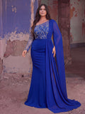 Plus Luxury Sequin One Shoulder Cape Evening Gown | Asymmetric Neckline Maxi Dress with Flowy Sleeves | Formal Party & Prom Dress