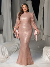 Plus Luxury Sequin Mock Neck Lantern Sleeves Mermaid Hem Formal Dress