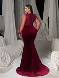 Plus Size V-Neck Puff Sleeves Velvet Mermaid Formal Dress with Pearl Accents
