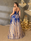 Plus Elegant Spaghetti Straps Graphic Sequin Formal Prom Dress