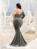 Plus Elegant One-Shoulder Thigh Slit Sequin & Velvet Mermaid Dress with Feather Accents