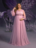 Plus Maternity Applique Detail V Neck Lantern Sleeves Mesh Evening Dress