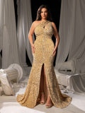 Plus Elegant One Shoulder Split Thigh Sequin Mermaid Hem Evening Dress
