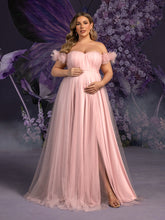 Plus Maternity Off Shoulder Ruched Bust Split Tulle Evening Dress