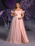 Plus Maternity Off Shoulder Ruched Bust Split Tulle Evening Dress