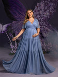 Plus Maternity Gowns: Deep V-Neck & Sheer Sleeve Tiered Tulle Dresses for Pregnancy Photoshoots – 1XL-5XL