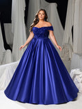 Plus Size Off-Shoulder Sequin Evening Gown - Formal Dress with Voluminous Satin Skirt
