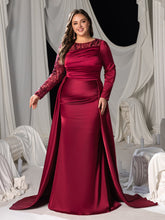 Plus Long Sleeves Mermaid Hem Satin Evening Dress with Floral Sequin Accents