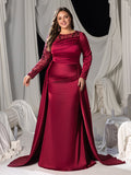 Plus Long Sleeves Mermaid Hem Satin Evening Dress with Floral Sequin Accents