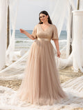 Plus Elegant Surplice Neck Butterfly Sleeves Sequin Evening Dress