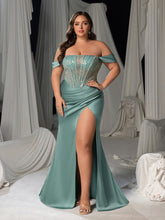Plus Size Sequin Off-Shoulder Evening Gown - Fishbone Mermaid Dress with High Slit