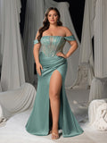 Plus Size Sequin Off-Shoulder Evening Gown - Fishbone Mermaid Dress with High Slit