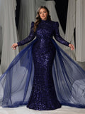 Plus Sequin Mermaid Formal Dress with Long Sleeves and Sheer Tulle Overlay
