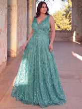 Plus Plunging Meck Backless Floral Sequin Prom Dress