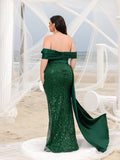 Plus Elegant Off Shoulder Draped Side Split Mermaid Hem Sequin Evening Dress