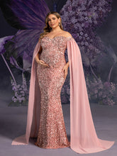 Plus Maternity  Off Shoulder Cape Sleeves Mermaid Hem Sequin Formal Dress