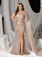 Plus Sequin One-Shoulder Mermaid Gown with Square Neckline and Tulle Shawl