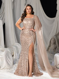 Plus Sequin One-Shoulder Mermaid Gown with Square Neckline and Tulle Shawl