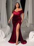 Plus Size Velvet Off-Shoulder Evening Gown - Mermaid Dress with High Slit & Train