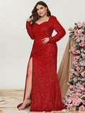 Plus Sweetheart Neck Long Sleeve Sequin Slit Dress - Elonnashop