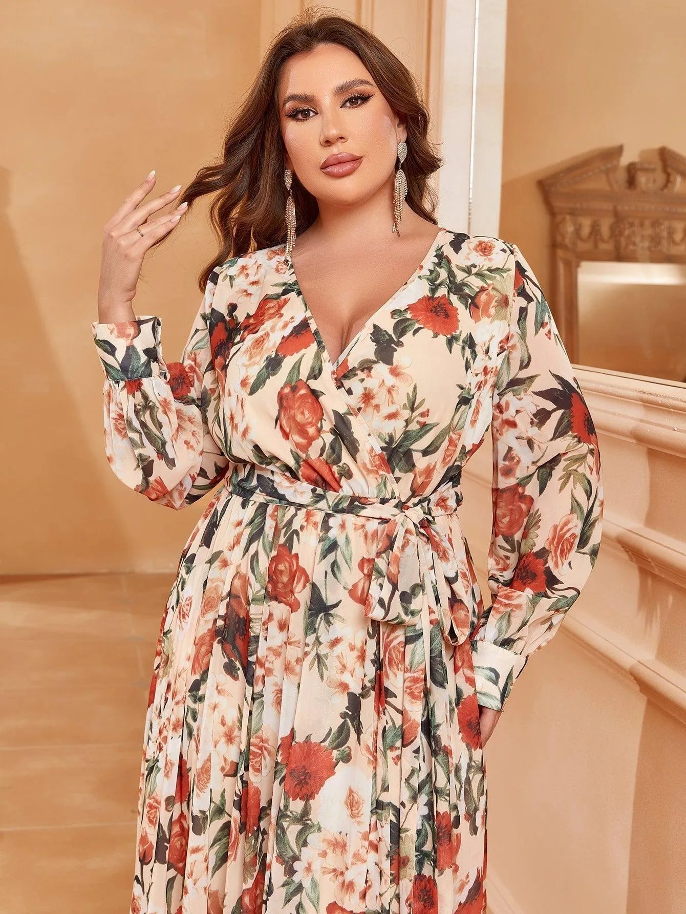 Plus V Neck Long Sleeve Floral Chiffon Belted Dress - Elonnashop