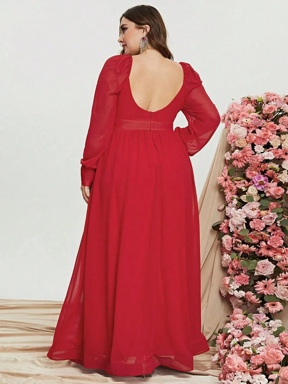 Plus Sweetheart Neck Backless Long Sleeve Chiffon A line Dress - Elonnashop