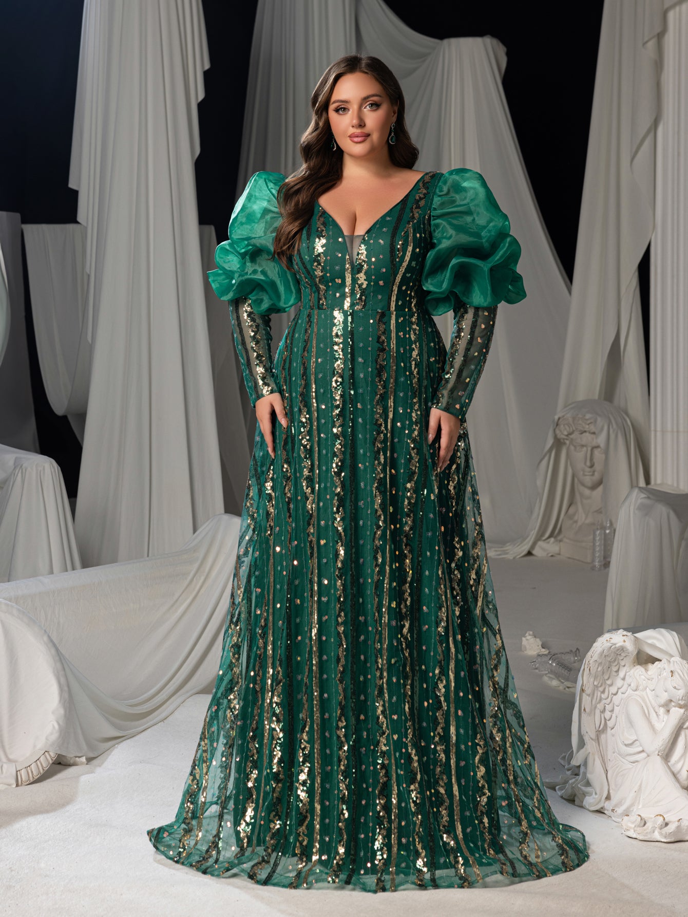 Plus Luxury Plunging Neck Backless Gigot Sleeves Maxi Prom Dress Green / 3XL Plus Luxury Plunging Neck Backless Gigot Sleeves Maxi Prom Dress Green / 3XL