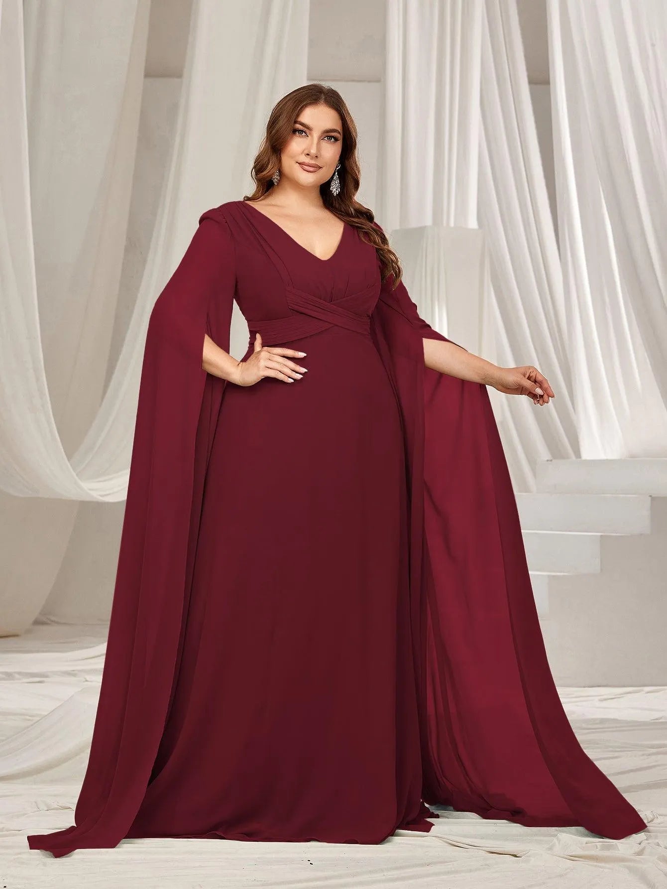 Plus Solid Ruched Front Extra-Long Sleeves Chiffon Prom Dress Green / 2XL Plus Solid Ruched Front Extra-Long Sleeves Chiffon Prom Dress Green / 2XL