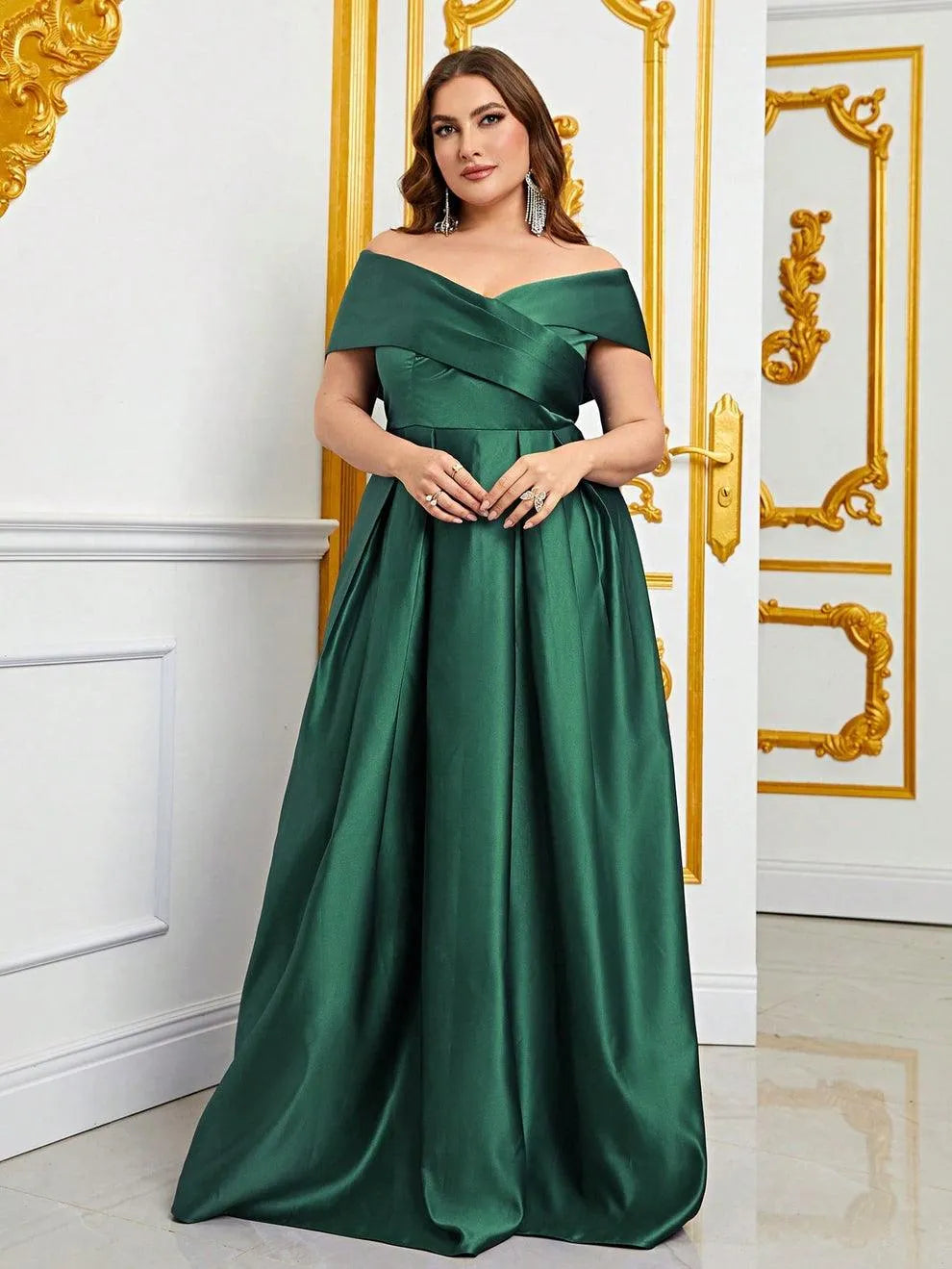 Plus Elegant Off Shoulder Satin A Line Prom Dress - Elonnashop