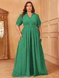 Plus Chiffon Deep V Short Sleeves Wide Leg Jumpsuit