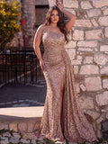 Plus Elegant Asymmetrical Spaghetti Straps Split Thigh Sequin Party Dress