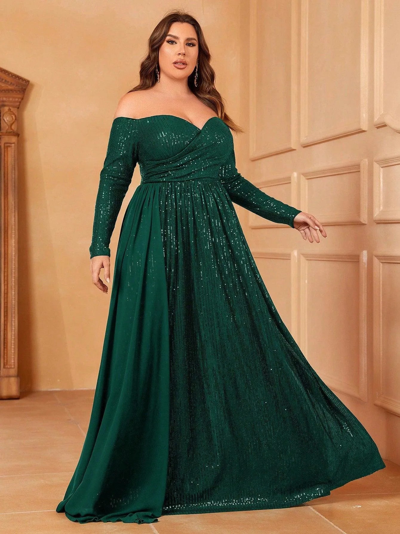 Plus Off Shoulder Draped Side Sequin Formal Dresses - Elonnashop