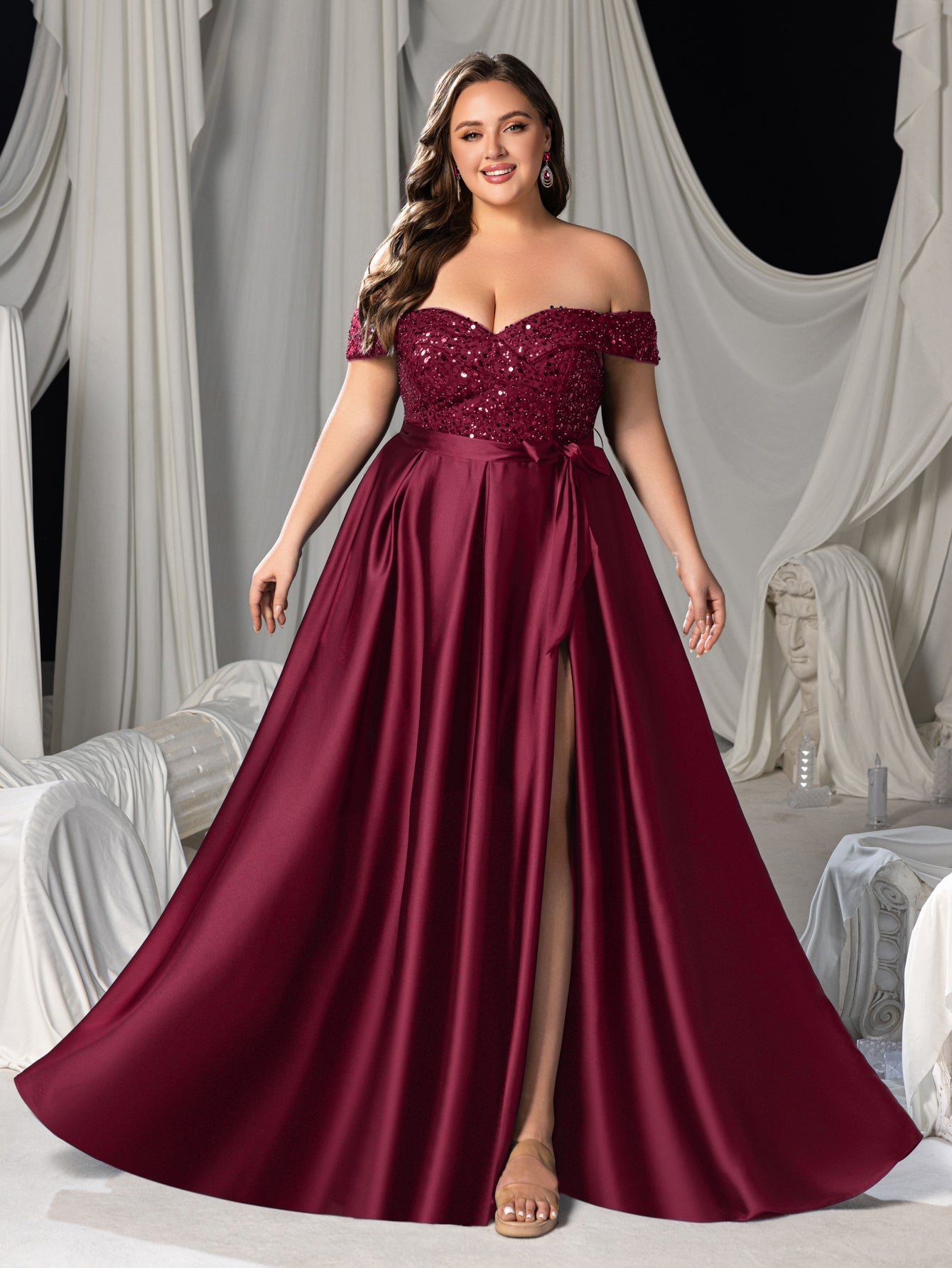 Plus Elegant Off-Shoulder Evening Gown with Sequin Embellishments â€?High Slit Satin Skirt & Back Zipper for Luxury Weddings or Evening Glam
