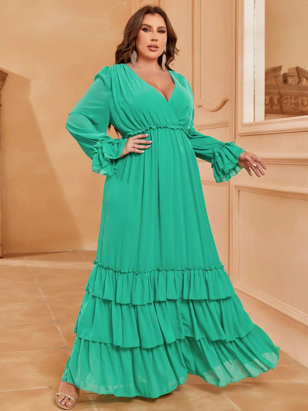 Plus Lantern Sleeves Layered Ruffle Hem Chiffon Party Dress Curvepretty Plus Lantern Sleeves Layered Ruffle Hem Chiffon Party Dress Curvepretty