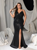 Plus Asymmetrical Neck Split Thigh Sequin Prom Dress