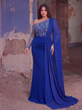 Plus Luxury Sequin One Shoulder Cape Evening Gown | Asymmetric Neckline Maxi Dress with Flowy Sleeves | Formal Party & Prom Dress