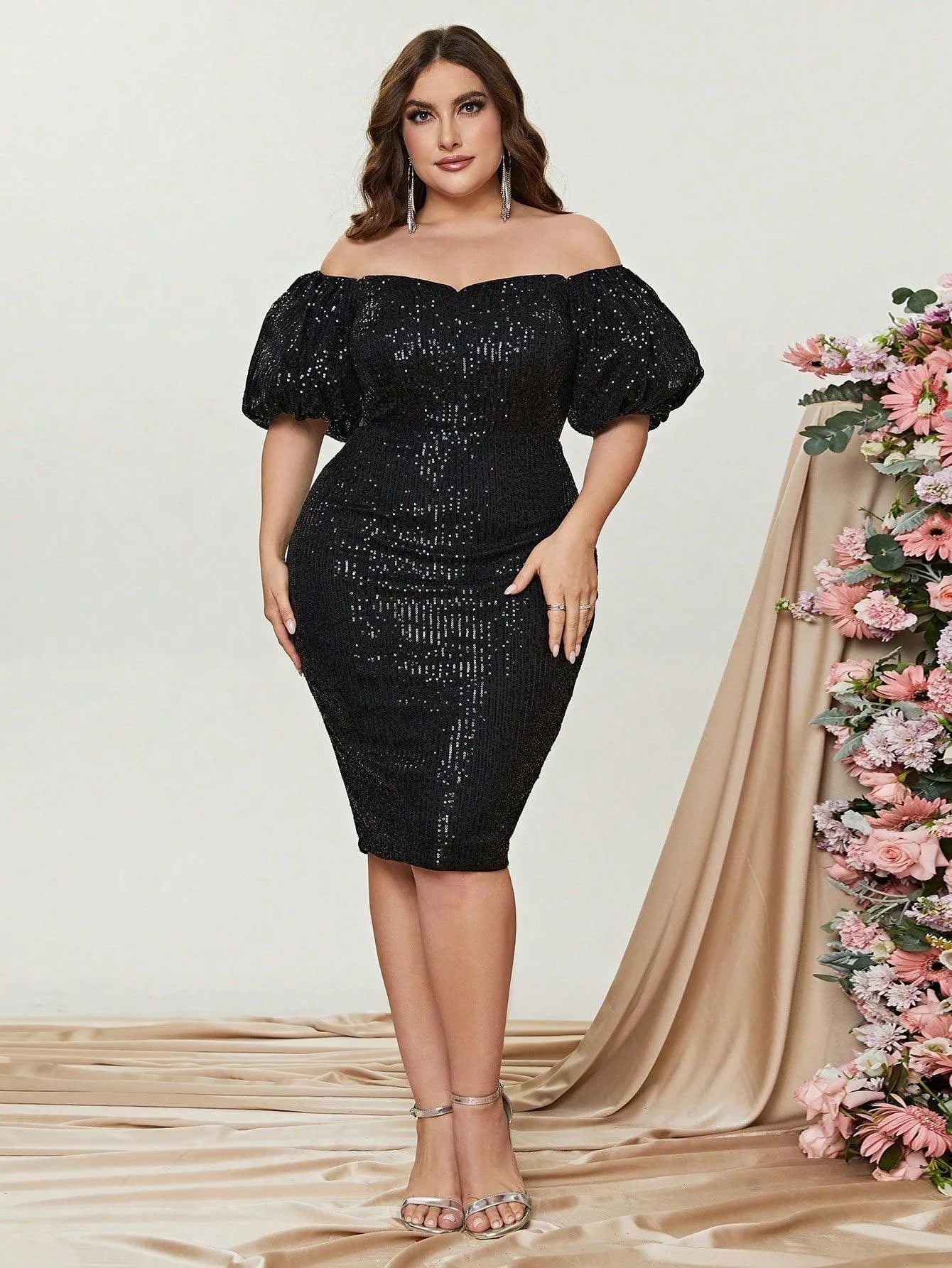 Plus Off Shoulder Puff Sleeves Sequin Midi Dress - Elonnashop