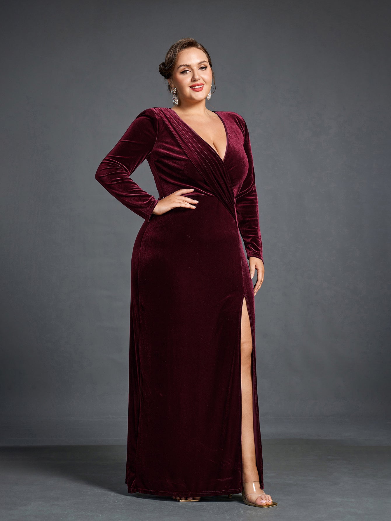 Plus Elegant V Neck Long Sleeve Velvet Slit Dress Dark Green / 4XL Plus Elegant V Neck Long Sleeve Velvet Slit Dress Dark Green / 4XL